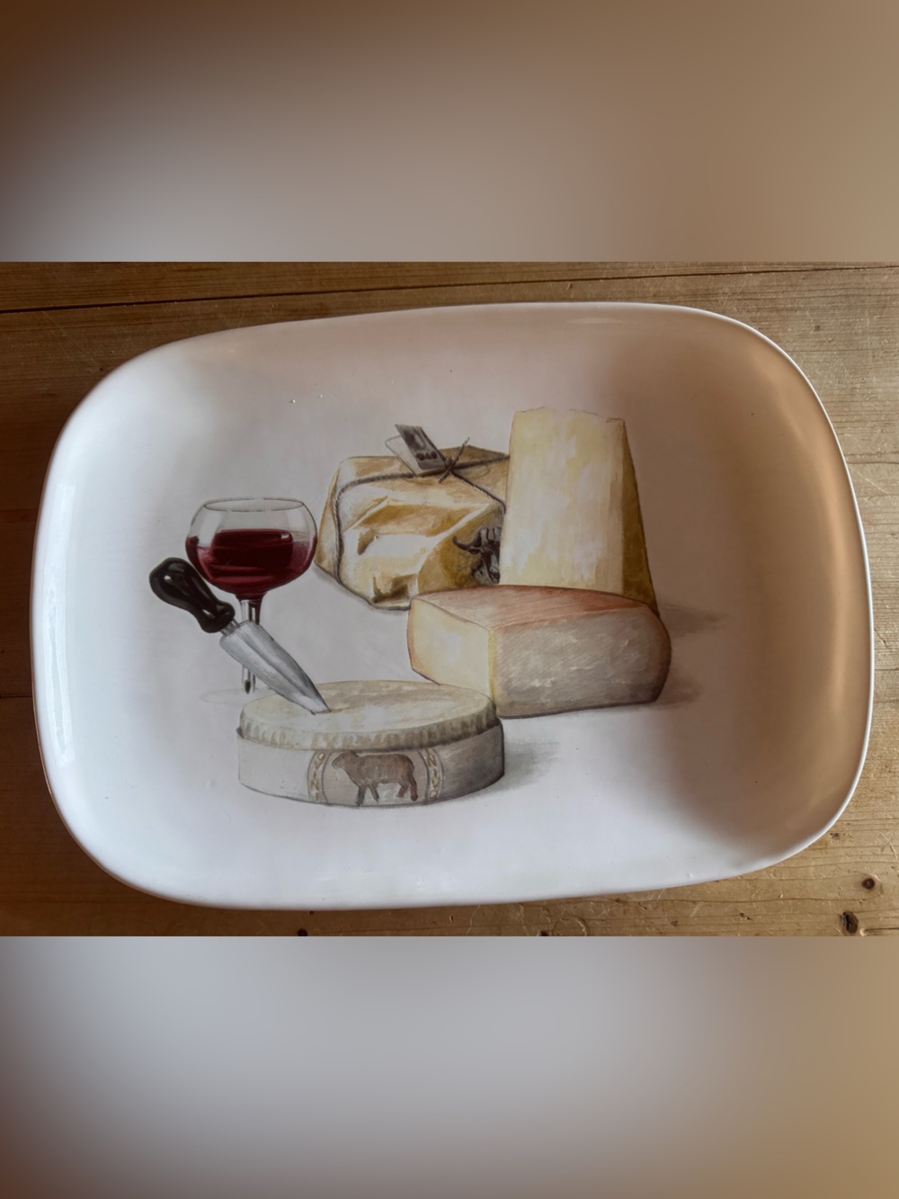 Ceramista White Ceramic Cheese Serving Platter with Wine & Cheese Artwork.